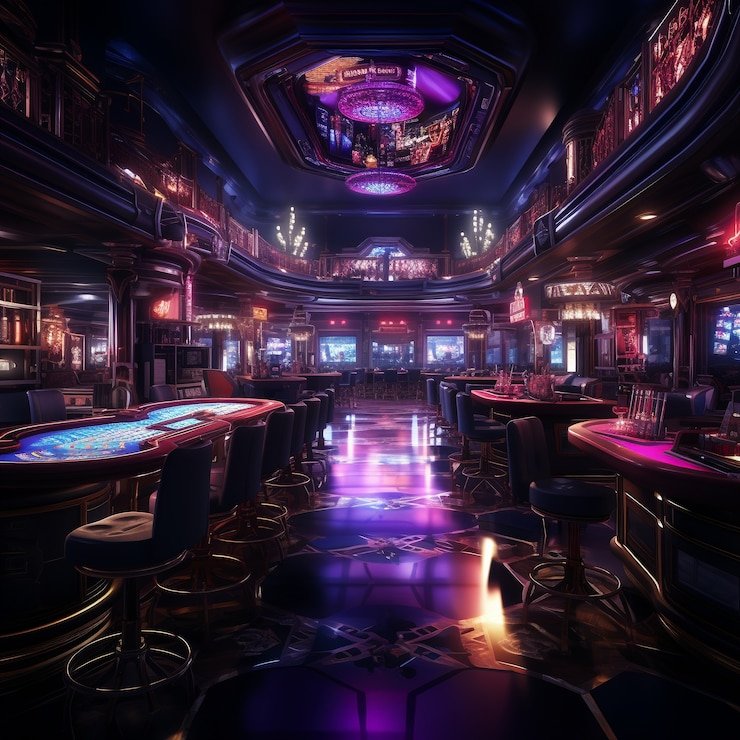 Mesin slot digital berwarna-warni dengan efek neon